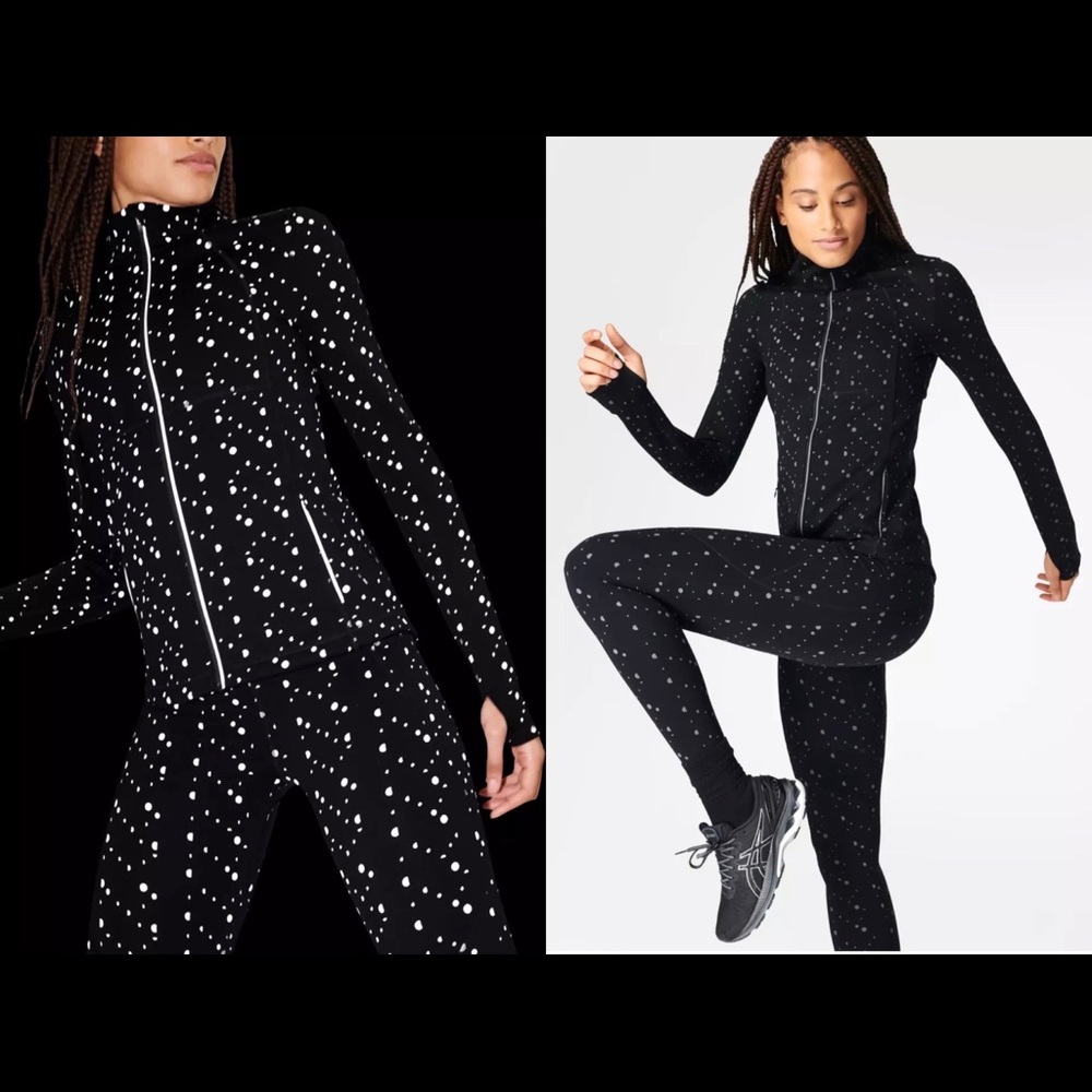 Sweaty Betty XS Black Dot Reflective Print Power Jacket & Size S Leggings Set